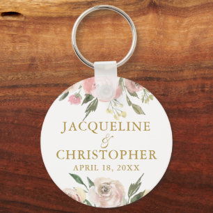Elegant Blush Pink Gold Floral Garden Wedding Key Ring