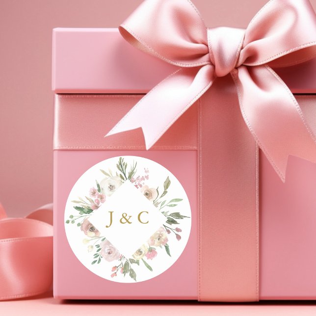 Elegant Blush Pink Gold Floral Monogram Wedding Classic Round Sticker (Creator Uploaded)