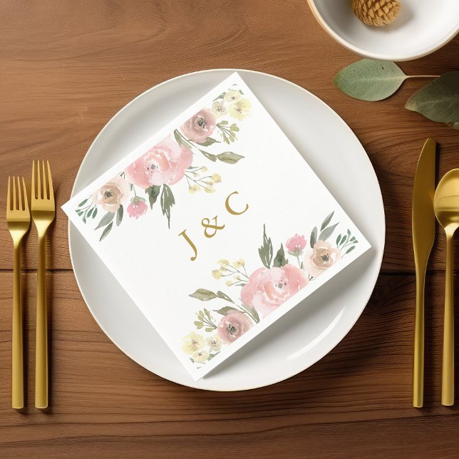 Elegant Blush Pink Gold Floral  Monogram Wedding Napkin (Creator Uploaded)
