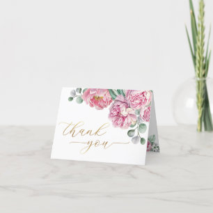 Elegant Blush Pink Gold Floral Peony & Greenery Thank You Card