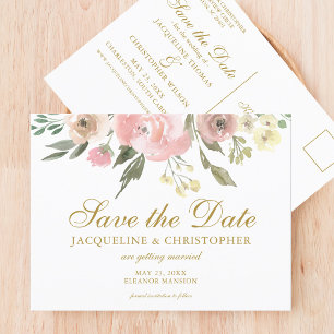 Elegant Blush Pink Gold Floral Save the Date Postcard