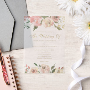 Elegant Blush Pink Gold Floral Summer Wedding Vellum Invitations