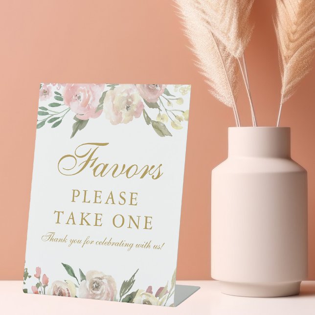 Elegant Blush Pink Gold Floral Wedding Favours Pedestal Sign (Creator Uploaded)