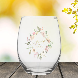 Elegant Blush Pink Gold Floral Wedding Monogram Stemless Wine Glass