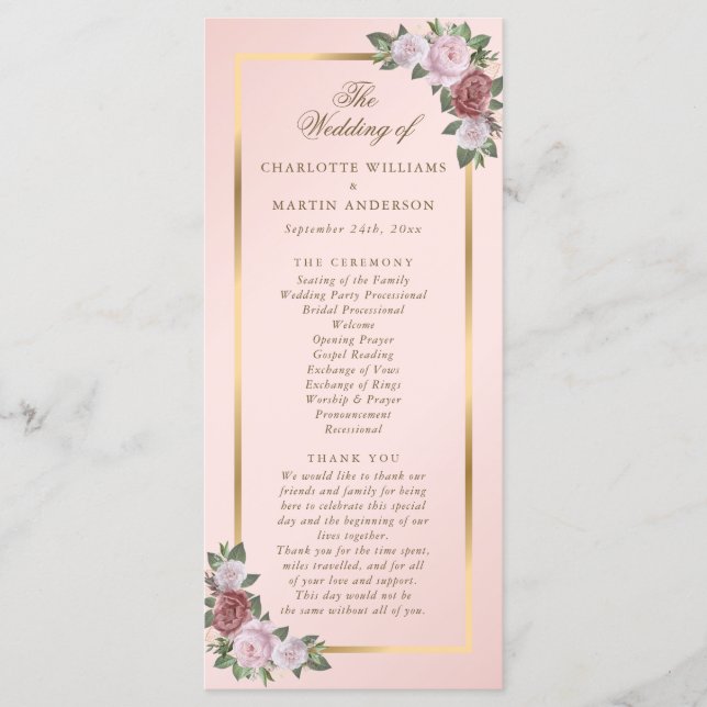 Elegant Blush Pink Gold Floral Wedding Program Programme (Front)