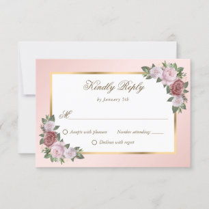 Elegant Blush Pink Gold Floral Wedding RSVP Card