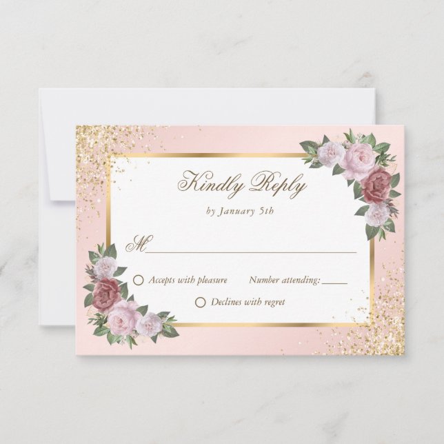 Elegant Blush Pink Gold Floral Wedding RSVP Card (Front)
