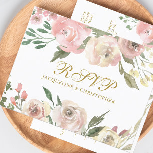 Elegant Blush Pink Gold Floral Wedding RSVP Postcard