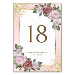 Elegant Blush Pink Gold Floral Wedding Table Number