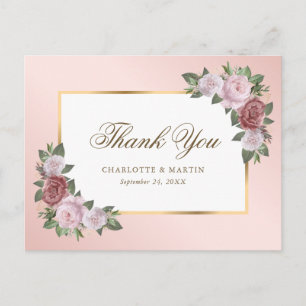 Elegant Blush Pink Gold Floral Wedding Thank You Postcard