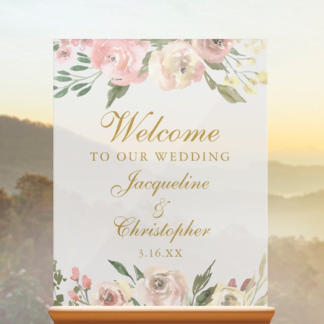 Elegant Blush Pink Gold Floral Wedding Welcome Acrylic Sign (Creator Uploaded)