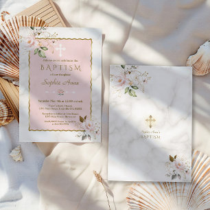 Elegant Blush Pink Gold Flowers Marble Baptism Invitation