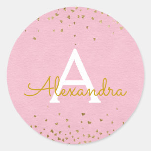 Elegant Blush Pink - Gold Foil Confetti Monogram Classic Round Sticker