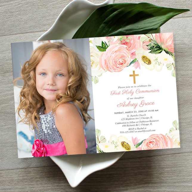 Elegant blush pink gold girl first communion photo invitation (Creator Uploaded)
