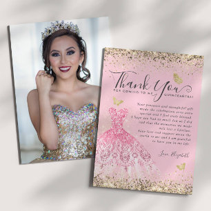 Elegant Blush Pink Gold Glitter Quinceanera Photo Thank You Card