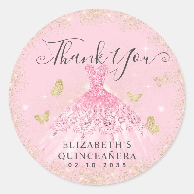 Elegant Blush Pink Gold Gown Quinceañera Thank You Classic Round Sticker (Front)