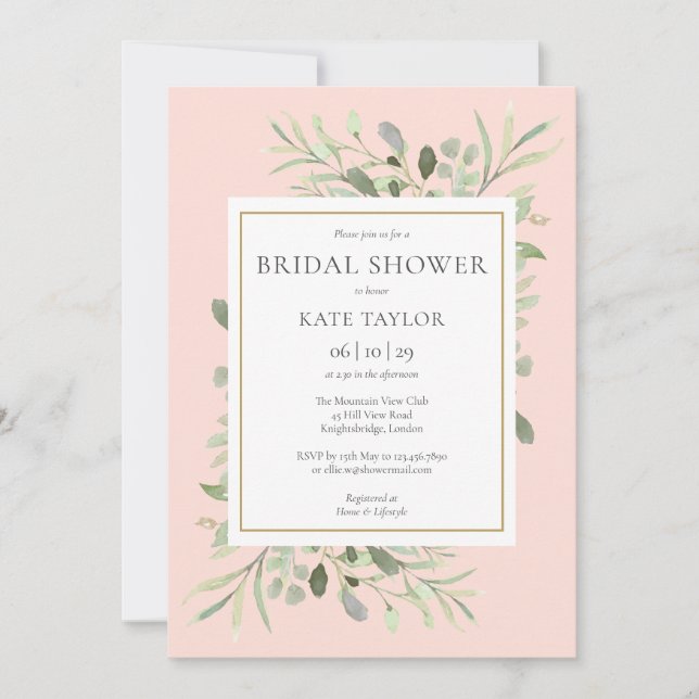 Elegant Blush Pink Gold Greenery Bridal Shower Invitation (Front)