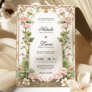 Elegant Blush Pink Gold Lotus Flower Wedding  Invitation