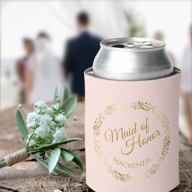 Elegant Blush Pink & Gold Maid of Honor Wedding Can Cooler (Creator Uploaded)