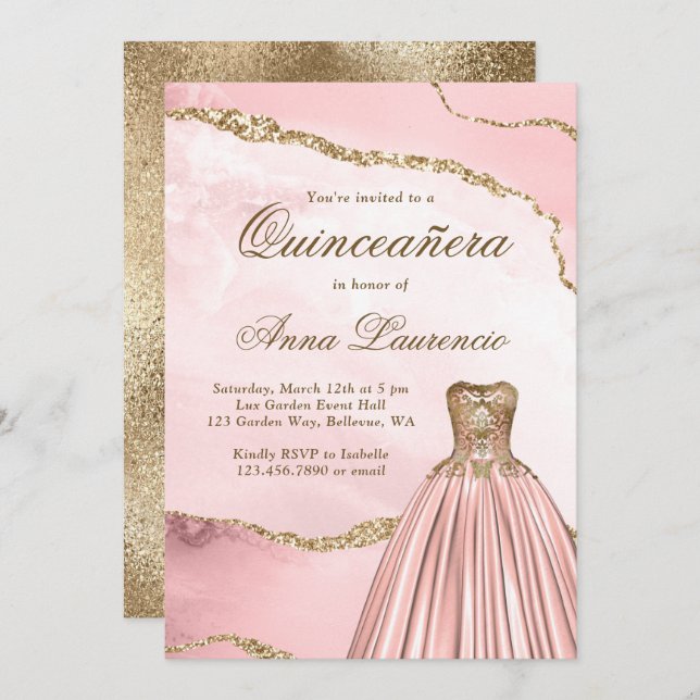 Elegant Blush Pink Gold Marble Agate Quinceanera Invitation (Front/Back)