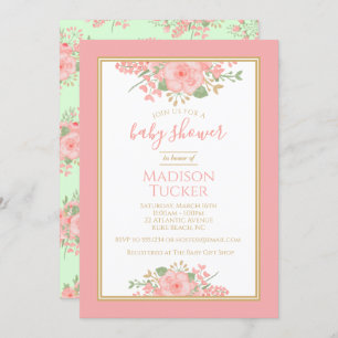Elegant Blush Pink Gold Mint Floral Baby Shower Invitation