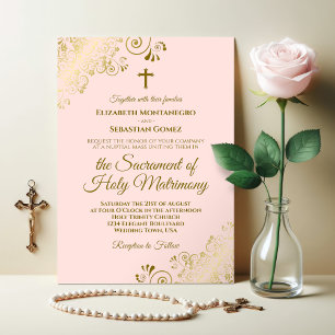 Elegant Blush Pink & Gold Modern Catholic Wedding Invitation