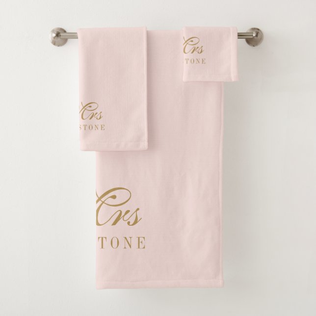 Elegant Blush Pink Gold Mrs Name  Bath Towel Set (Insitu)
