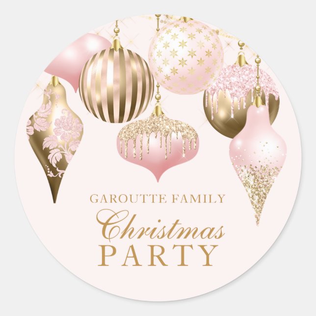 Elegant Blush Pink Gold Ornaments Christmas Party Classic Round Sticker (Front)