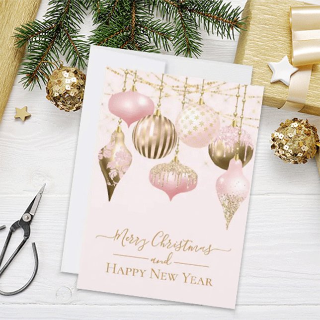 Elegant Blush Pink Gold Ornaments Merry Christmas  Card (Creator Uploaded)