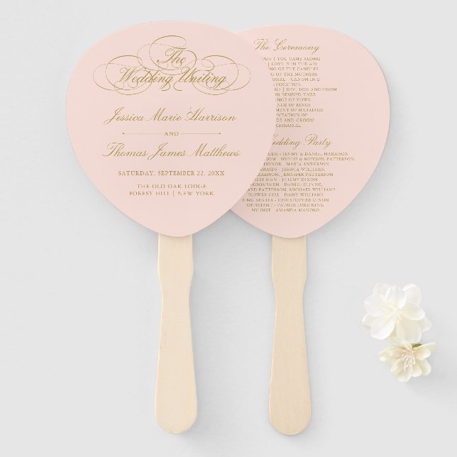Elegant Blush Pink & Gold Wedding Program Template Hand Fan (Front and Back)