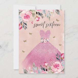Elegant Blush Pink Gown Dress Floral Sweet 16 Invitation