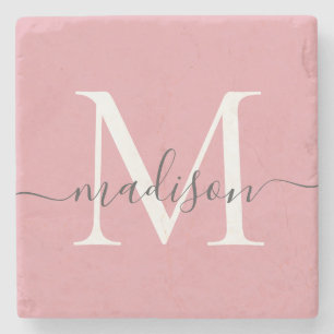 Elegant Blush Pink Gray Monogram Feminine Script Stone Coaster