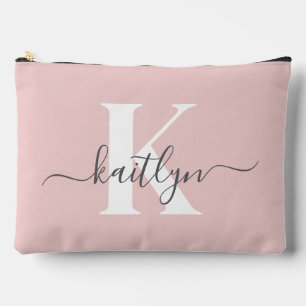 Elegant Blush Pink Gray Script Monogram Accessory Pouch