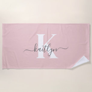 Elegant Blush Pink Gray Script Monogram Beach Towel