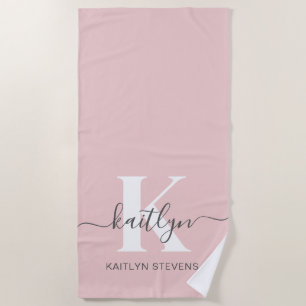 Elegant Blush Pink Gray Script Monogram Beach Towel