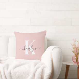 Elegant Blush Pink Gray Script Monogram Cushion