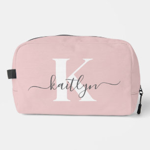 Elegant Blush Pink Gray Script Monogram Dopp Kit