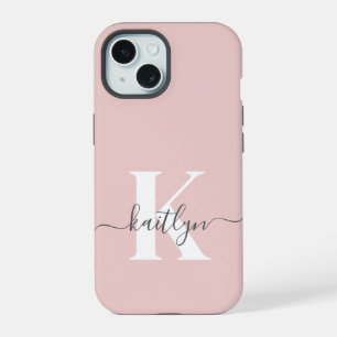 Elegant Blush Pink Gray Script Monogram iPhone 15 Case