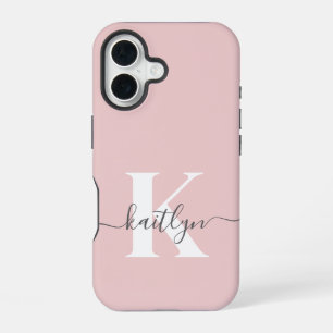 Elegant Blush Pink Gray Script Monogram iPhone 16 Case