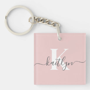 Elegant Blush Pink Gray Script Monogram Key Ring