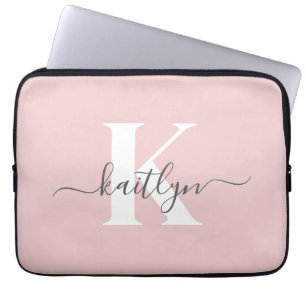 Elegant Blush Pink Gray Script Monogram Laptop Sleeve