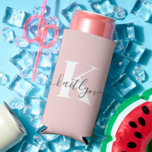 Elegant Blush Pink Gray Script Monogram Seltzer Can Cooler