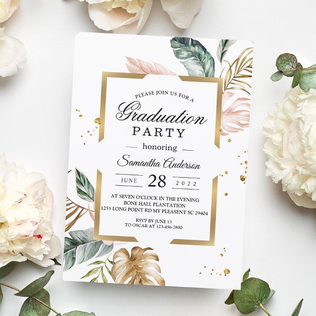 Elegant Blush Pink Green Gold Leaves | Gold Drops  Invitation (Creator Uploaded)