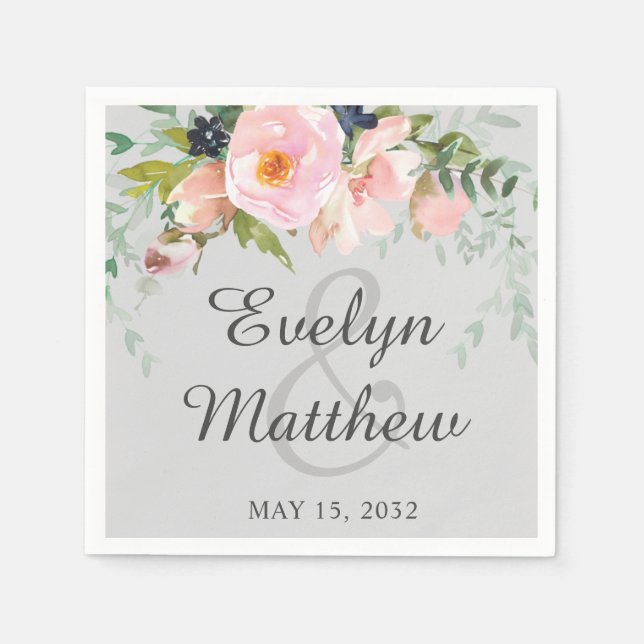 Elegant Blush Pink & Grey Floral Bouquet Wedding N Napkin (Front)