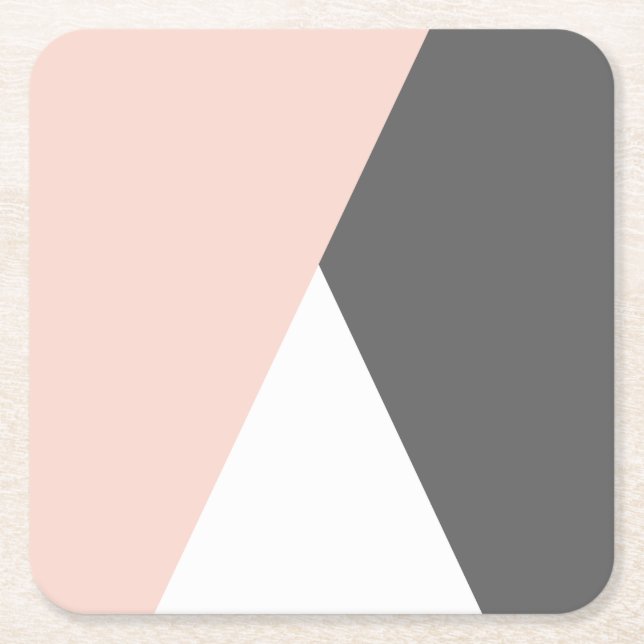 Elegant blush pink & grey geometric triangles square paper coaster (Front)