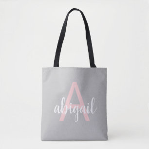 Elegant Blush Pink Grey Modern Monogram Name Tote Bag