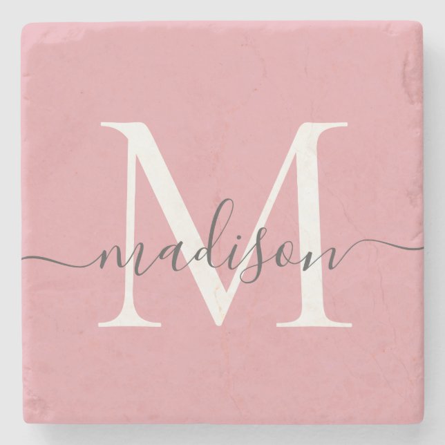 Elegant Blush Pink Grey Monogram Feminine Script Stone Coaster (Front)