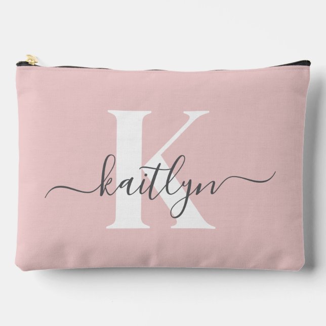Elegant Blush Pink Grey Script Monogram Accessory Pouch (Front)