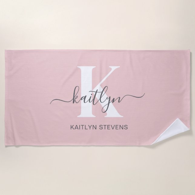 Elegant Blush Pink Grey Script Monogram Beach Towel (Front)