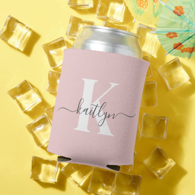 Elegant Blush Pink Grey Script Monogram Can Cooler (In Situ Summer)